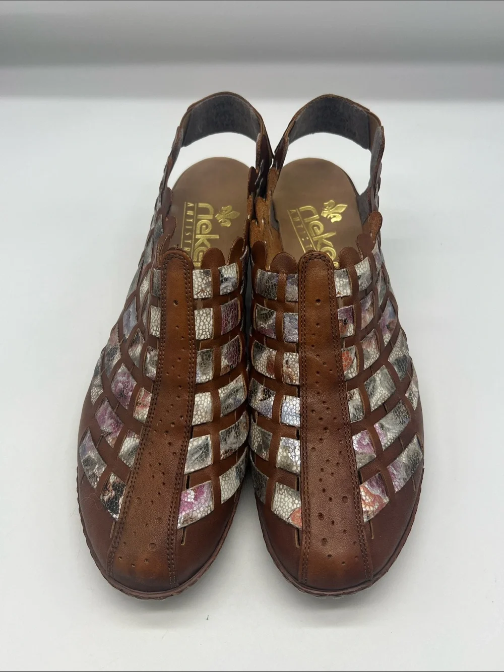 Rieker - Sina 46778 Brown Leather Multi Colored Woven Round Toe Shoes Size 41